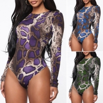 Sexy Long Sleeve Round Neck Serpentine Printed Bodysuit