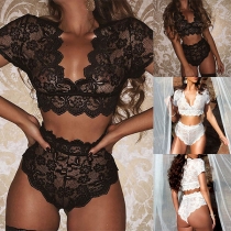Sexig kort ärm V-ringad spets topp + shorts underkläder set