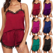 Sexy Lace Spliced Sling Top + Shorts Nightwear Set
