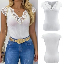 Sexy Lace Spliced Short Sleeve V-neck SLim Fit T-shirt