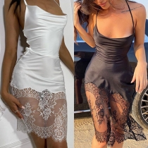 Sexy Backless Lace Spliced Hem Slim Fit Sling Dress