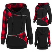 Fashion Plaid Spliced Långärmad tröja med huva