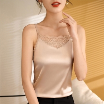 Sexy Backless Solid Color Lace Spliced Sling Top