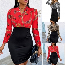 Sexy V-neck Long Sleeve Slim Fit Printed Spliced Dress