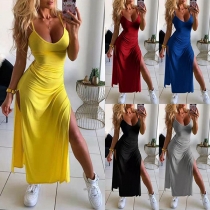 Sexy Backless V-neck Slit Hem Solid Color Sling Dress