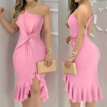 Sexy One-shoulder Irregular Ruffle Hem Solid Color Twisted Dress