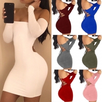 Sexy Backless Off-shoulder Boat Neck Long Sleeve Tight Dress