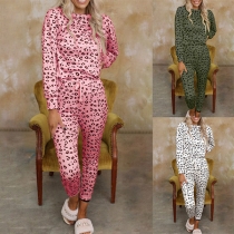 Fashion Leopard Printed Long Sleeve Top + Pants Two-piece Set