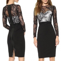 Sexy See-through Lace Spliced Long Sleeve Round Neck Slim Fit Dress