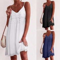 Fashion Solid Color Backless V-neck Lace Spliced Sling Dress