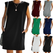 Simple Style Sleeveless Round Neck Shoulder Pad Dress
