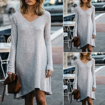 Simple Solid Color Long Sleeve V-neck Irregular Hem Dress