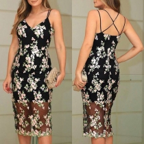 Sexy Backless V-neck Slim Fit Sling Embroidered Dress