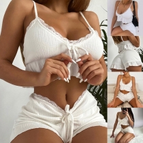 Sexy Backless V-neck Ruffle Hem Lace Spliced Sling Top + Shorts Nightwear Set