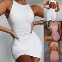 Sexy Backless Sleeveless Round Neck Solid Color Tight Dress