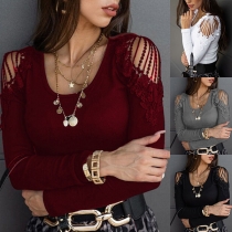 Sexy Lace Spliced Off-shoulder Long Sleeve Round Neck Solid Color Top