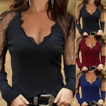 Sexy Lace Spliced Long Sleeve V-neck Solid Color Slim Fit Top