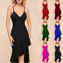 Sexy Backless V-neck Irregular Ruffle Hem Solid Color High Waist Sling Dress