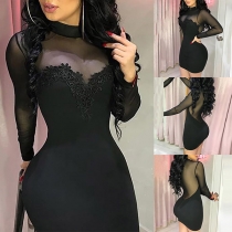 Sexy See-through Gauze Spliced Long Sleeve Mock Neck Slim Fit Tight Dress