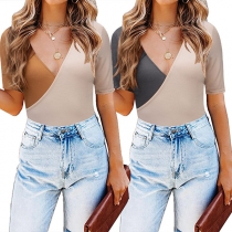 Sexy Crossover V-neck Short Sleeve Contrast Color Slim Fit T-shirt
