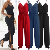 Sexig rygglös V-ringad slitsfåll med hög midja, enfärgad jumpsuit