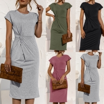 Fashion Solid Color Short Sleeve Round Neck Slim Fit Twisted Dress
