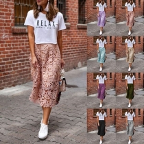 Fashion Solid Color High Waist Hollow Out Lace Skirt