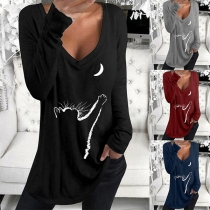 Cute Cat Printed Long Sleeve V-neck Loose T-shirt
