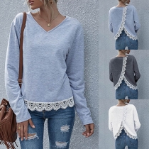 Fashion Solid Color Slit Hem Long Sleeve V-neck Lace Spliced Top
