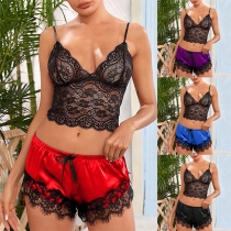 Sexiga rygglösa V-ringade Sling Spets Topp + Shorts Underkläder Kit