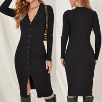 Sexy V-neck Slit Hem Long Sleeve Solid Color Single-breasted Slim Fit Dress