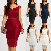 Sexy Off-shoulder Boat Neck Solid Color Slim Fit Lace Dress