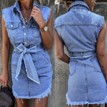 Fashion Sleeveless POLO Collar Irregular Frayed Hem Denim Dress