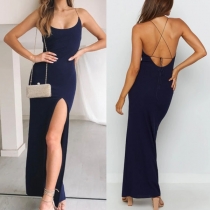 Sexy Backless Slit Hem Solid Color Slim Fit Sling Party Dress
