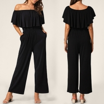 Elegant volangbåthals off-shoulder jumpsuit med hög midja i enfärgad design