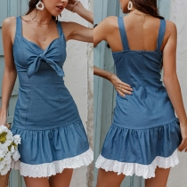 Sexy Backless Knotted V-neck Lace Spliced Hem Sling Denim Dress