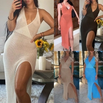 Sexy Backless Deep V-neck Slit Hem See-through Sling Dress