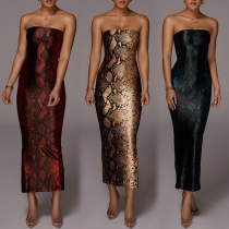 Sexy Strapless Slit Hem Serpentine Printed Slim Fit Party Dress