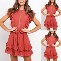 Sweet Style Lotus Sleeve Round Neck Ruffle Hem Solid Color Dress