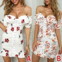 Sexy Strapless Short Sleeve Ruffle Hem Lace-up Printed Dress