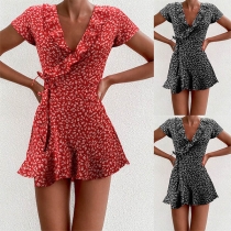 Sexy V-neck Short Sleeve Ruffle Hem Printed A-line Dress