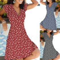 Sexy V-neck Lotus Sleeve Printed Dress