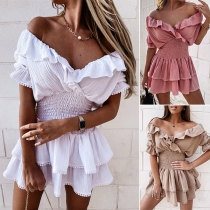Sexy Ruffle V-neck Short Sleeve Elastic Waist Solid Color Dress