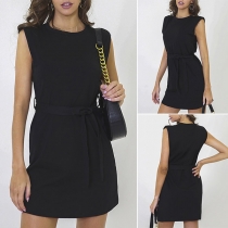 Elegant Solid Color Sleeveless Round Neck Solid Color Lace-up Dress