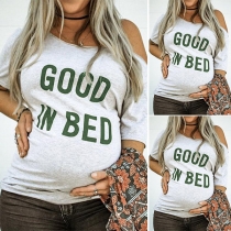 Fashion Letters Printed Short Sleeve Oblique Shoulder Maternity T-shirt
