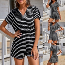 Sexy V-neck Short Sleeve High Waist Striped Printed Romper