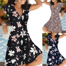 Sexy V-neck Short Sleeve High Waist Printed Dress