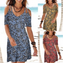 Sexy Off-shoulder V-neck Shortr Sleeve Printed Sling Dress
