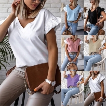 Fashion Lotus Sleeve V-neck Solid Color Loose T-shirt