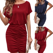 Fashion Solid Color Short Sleeve Round Neck Wrinkled Dress
